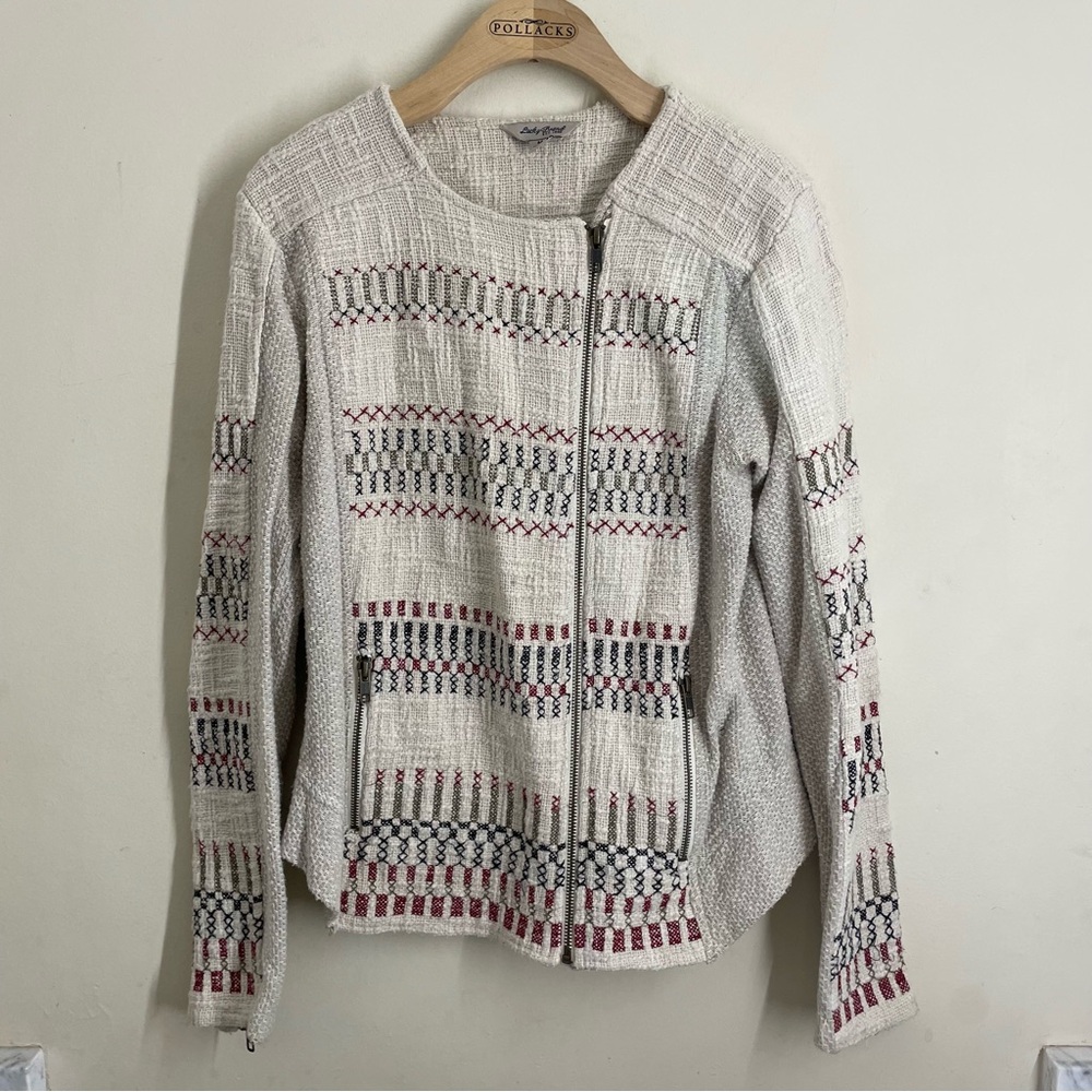 Lucky Brand Boucle Embroidered Zip-Up Jacket / Blazer Cream size M